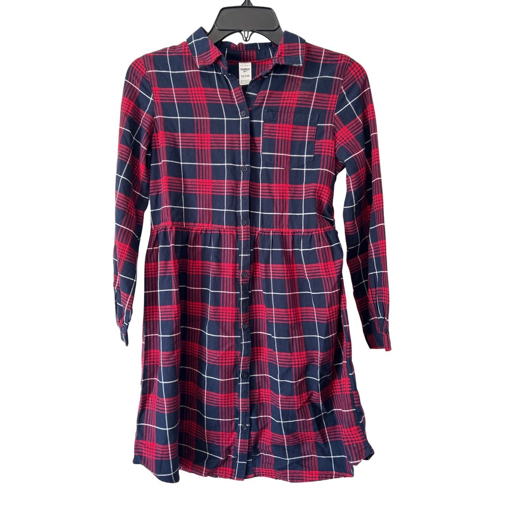 OshKosh Bgosh Girls Red‎ Navy Plaid Button Down Shirt Dress Size 14 14A Long Slv